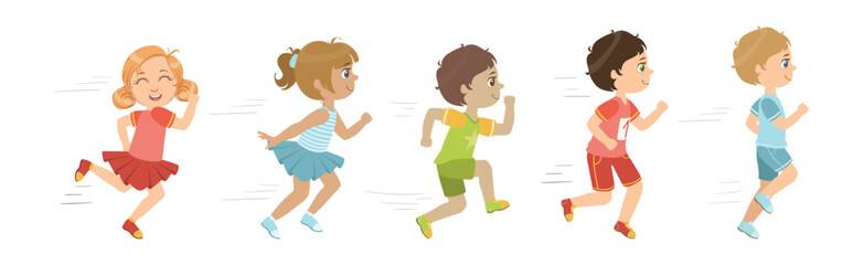 Sticker - Kids Running Marathon Participate in Sport Competition Vector Set