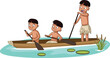 Group of three cartoon young native Indians on a canoe. Indians paddling a wooden canoe.
