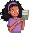 Cartoon girl using a calculator. Teenagers solving a math problem.

