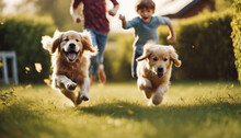 Children Are Chasing The Happy Golden Retriever Running In The Garden Of The House

