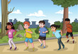 Cartoon teenagers running in the park. Children running with friends. Kids jogging.
