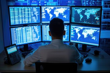 Poster - A man is seen sitting at a desk with multiple monitors in front of him, focused on his work, Image of a businessman analyzing data on multiple computer screens, AI Generated