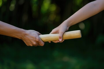 Close Up of Two People Holding Hands Indoors, Image of hands passing a baton, representing succession planning in a business, AI Generated