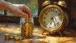 A hand putting a coin into a jar with an alarm clock on the side