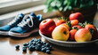 A bowl of fruit sits on a table next to a pair of sneakers. Concept of healthy lifestyle