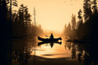 A silhouette of a person paddling a canoe on a tranquil lake under a colorful sunset sky