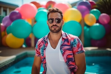 Wall Mural - Handsome young man in sunglasses standing near swimming pool with colorful balloons