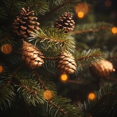 Wall Mural - Christmas tree with golden pine cones