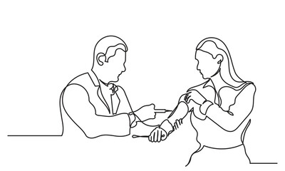 Wall Mural - Continuous line drawing of a male doctor pushing an injection into a girl. Single line drawing doctor-patient. doctor with stethoscope vector illustration.Concept of hospital and health care service.
