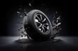 a tire is flying through the air on a black background