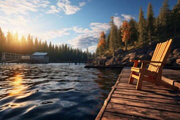 Wall Mural - Wooden dock extending into a calm lake with adirondack chair at the end overlooking a small cabin on the opposite shore surrounded by trees in the distance