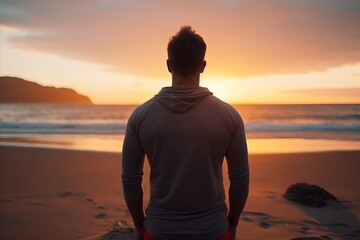 Sticker - Young man standing on the beach and looking at the sea at sunset