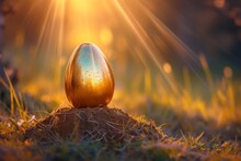 A Golden Easter Egg Sitting Atop A Small Mound Of Earth, With Rays Of Sunrise Creating A Halo Effect Around It.