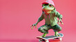 © ximich_natali - Modern funny frog in a baseball cap rolls on a skateboard in a dynamic pose. Symbol of the day in a leap year, celebrating the event of the frog jump on February 29