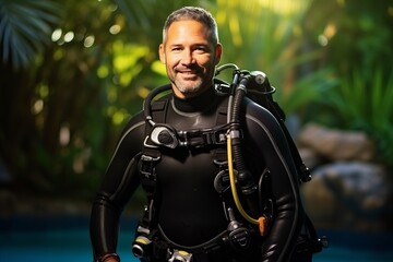 Wall Mural - Portrait of a happy mature man with scuba gear looking at camera