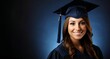 © Pilar - Mujer graduada sonriente fondo azul