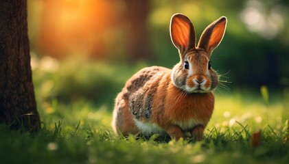 Wall Mural - Rabbit in a meadow with blurred green background in forest. 