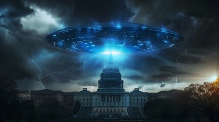 Wall Mural - Gigantic UFO with Blue Lights Hovering Over the U.S. Capitol Building During a Stormy Night