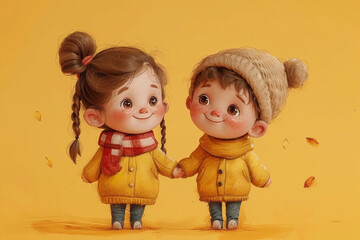 Happy little girl and boy holding hands on yellow background in children's cartoon style.