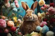 Easter bunny amongst vibrant and beautiful bright colorful flowers in spring celebration