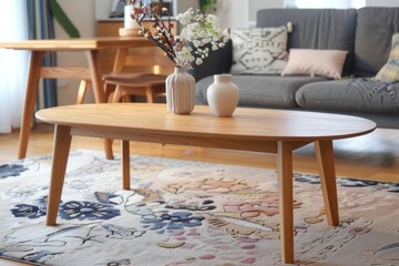 Scandinavian solid wood coffee table on a minimalist carpet