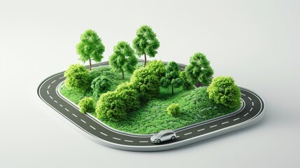 A unique 3D illustration portraying a segment of green highway road in isolation, showcasing creative travel and tourism concepts with off-road design elements such as trees