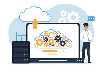 Cloud computing isolated. Secure connection, storage and cloud technology.Data transfer folders with documents, data storage, brainstorming, teamwork Vector illustration. 