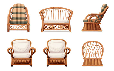 Poster - Set of outdoor garden rattan straw couches isolated on white or transparent background