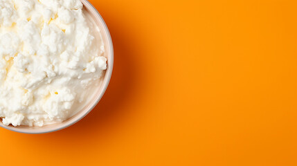 Wall Mural - Cottage cheese in a bowl on orange background. Top view