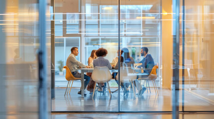 Poster - Two professionals are engaged in a focused conversation at a table in a modern office environment, with reflections and foliage adding depth to the scene.