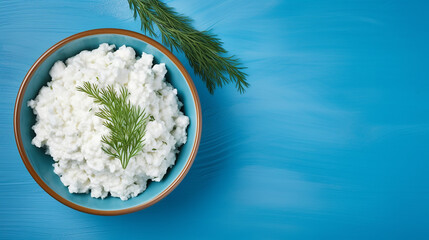 Wall Mural - Cottage cheese in a bowl with dill on a blue background, top view