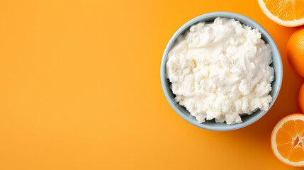 Wall Mural - Cottage cheese in a bowl with oranges on orange background. Top view