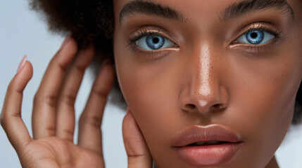 Canvas Print - close-up of a young person's face focusing on the blue eyes, with freckles on the skin, and a hand with manicured nails gently touching the face.