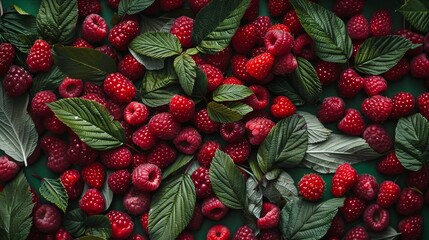 Poster - A close-up view of a group of ripe, vivid red raspberries with a deep, background
