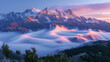 cloud inversion, sharp jagged snowy peaks illuminated by alpen glow from the sun ,generative ai