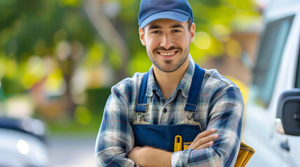 Wall Mural - smiling man with a beard, wearing a blue cap, a plaid shirt, and a blue overall with a tool belt, standing confidently with his arms crossed in front of a white van.