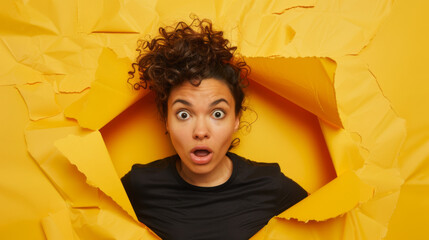 A surprised woman with curly hair peeks through a torn yellow paper background, her expression one of amazement and curiosity.