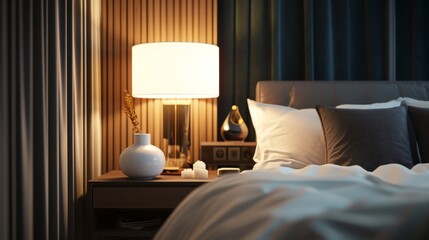 Canvas Print - Interior of an evening bedroom with a lamp on near the bed