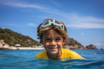 Poster - Little boy in swimming suit with goggles and snorkel in sea