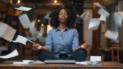 Poster - A woman is meditating at her desk in a busy office environment, with papers floating around her