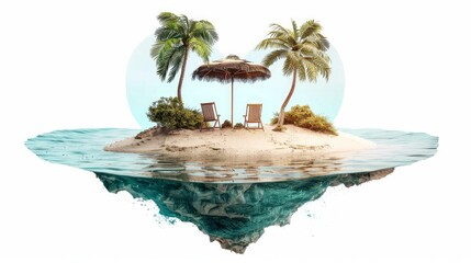 Wall Mural - An unconventional travel illustration featuring a cross-sectional view of a tropical island beach shaped like a heart, complete with water, chairs, umbrellas, and palm trees