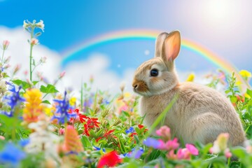 Wall Mural - A serene bunny in a field of vibrant wildflowers, with a rainbow arching in the background, on a sunny sky blue backdrop.