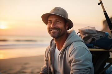 Wall Mural - Portrait of happy mature man fishing with rod at beach at sunrise