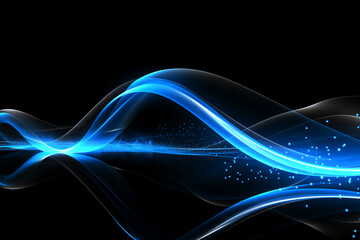 Abstract blue glowing waves with light particles on dark background