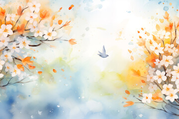 Wall Mural - Watercolor illustration of blossoms and flying bird in spring