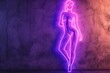 purple neon female body simplified outline glowing decoration on the wall in the night on plastic surgery clinic, dance, massage or yoga studio, retail business.

