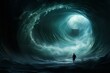 Surreal digital artwork of a man facing a massive oceanic vortex with a ship in the background