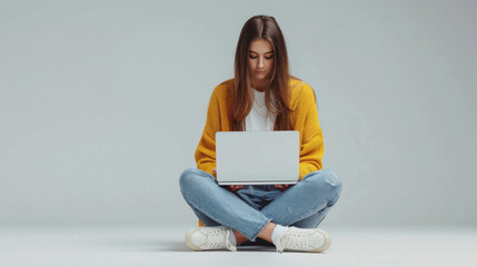 Canvas Print - A young woman in a yellow sweater and jeans sits on the floor with her legs crossed, engrossed in her laptop.