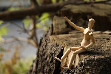 Wall Mural - Wooden human figure sitting on stump outdoors, space for text