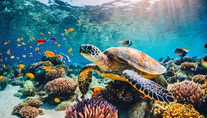 Wall Mural -  turtle with group of colorful fish and sea animals with colorful coral underwater in ocean 
